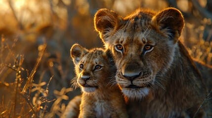 Obraz premium Lioness and lion cub in the savannah at sunset.