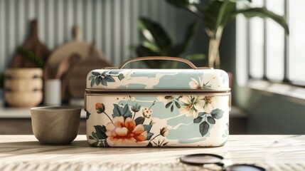 Blank mockup of a sophisticated lunch box with a floral print and gold accents. .