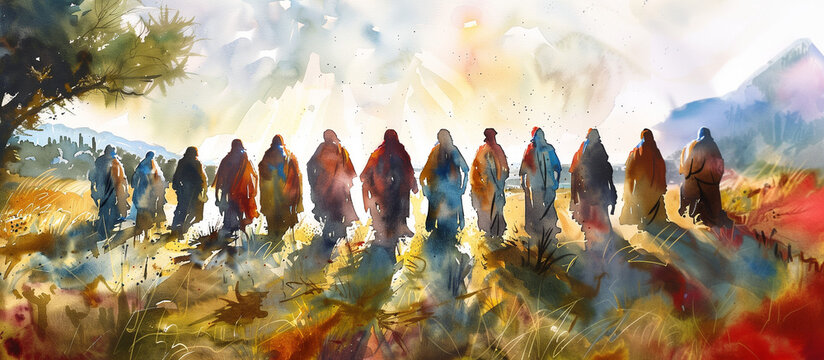 Journey of Faith - A Watercolor Depiction of Jesus with the Twelve Disciples