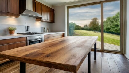 wooden table with a wood stain finish is in the foreground, leading to a kitchen with hardwood flooring in the background, overlooking a grassy area through a window