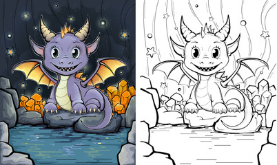 Cute chibi dragon coloring pages for kids and adults .Coloring book cover.	