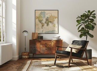 Scandinavian interior design of a modern living room with a retro sideboard