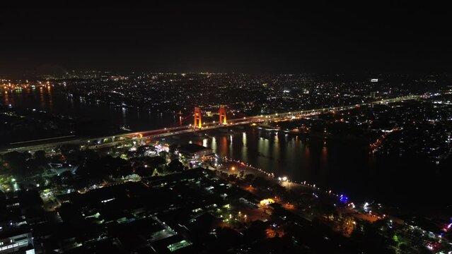 Aerial video of Ampara Bridge in Palembang, Indonesia