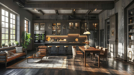 Interior of spacious kitchen with grey walls, dark wooden floor, comfortable dining table with soft armchairs, bar with stools and wooden countertops in background, 3d rendering