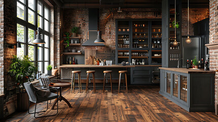 Fototapeta na wymiar Interior of spacious kitchen with grey walls, dark wooden floor, comfortable dining table with soft armchairs, bar with stools and wooden countertops in background, 3d rendering