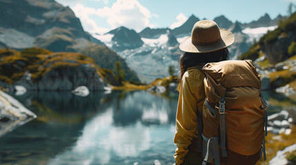 Obraz premium woman with a hat and backpack looking at the mountains and lake from the top of a mountain in the sun light, with a view of the mountains