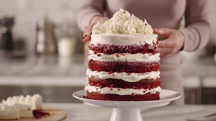 Towering layers of velvety red velvet cake are being generously coated in smooth buttercream frosting revealing the intricate depth of flavors within. .