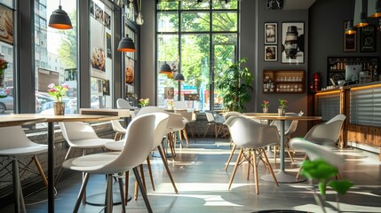 stylish urban cafe interior with minimalist decor and chic furniture, embodying sophistication and modernity. - obrazy, fototapety, plakaty