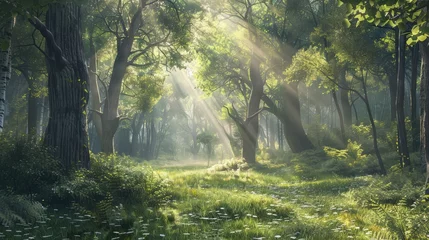  tranquil forest scene with sunlight filtering through the trees, creating a serene backdrop for meditation and reflection. © buraratn