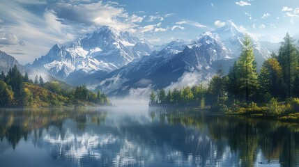 tranquil mountain lake surrounded by towering peaks and reflected in still waters, creating a...