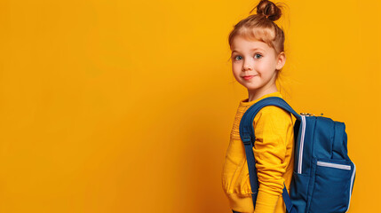 Cute little school girl carrying a backpack looking at the camera on yellow background