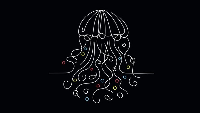 Jellyfish continuous line drawing on dark background. Line art animation