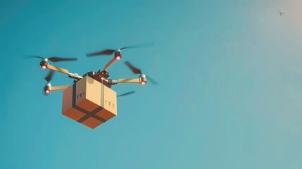 close-up of a delivery drone carrying a parcel against a clear blue sky, showcasing modern logistics technology