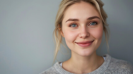 Headshot of a beautiful blond smiling young woman looking at the camera on gray background. Generative AI