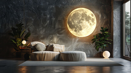 Interior with sofa, stone wall panel, backlight, moon lamp and decor, 3d render illustration mockup