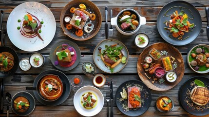 delectable spread of gourmet dishes arranged on a rustic wooden table, tantalizing the taste buds with vibrant colors and enticing aromas. - obrazy, fototapety, plakaty