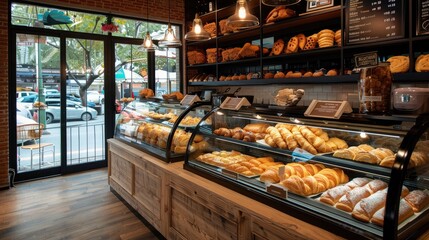 display case filled with artisanal pastries and croissants at a charming bakery shop