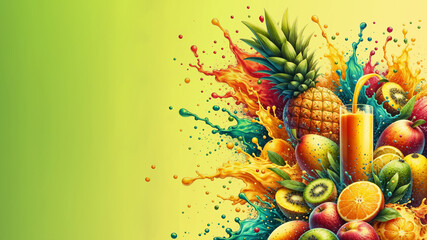 Vibrant Tropical Fruit Splash Banner with Text Space for Smoothie Bars and Summer Festivals