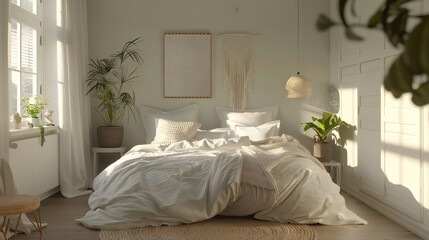 Serene Scandinavian Sanctuary: A Calming White Bedroom Concept in 3D Illustration