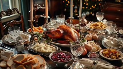 festive holiday table adorned with a roast turkey, cranberry sauce, and all the trimmings, evoking warmth and nostalgia for traditional family feasts.