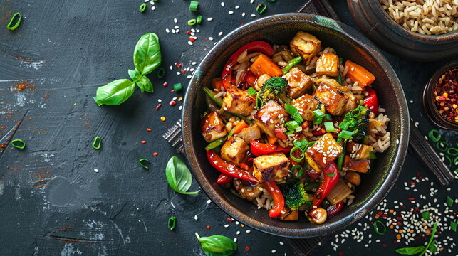 Baked tofu with stir-fried vegetables and brown rice in a sesame ginger sauce. Healthy lifestyle, healthy eating, dieting, weight loss concept