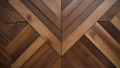 closeup shot of a brown hardwood wall with a geometric pattern of rectangles and triangles. The tints and shades create a symmetrical flooring design