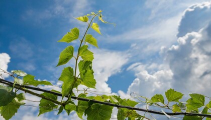 A climbing vine plant isolated on blue sky and clouds