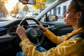 selfassured woman confidently driving car hands firmly gripping steering wheel on city street