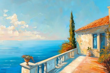 serene architectural detail of modern mediterranean house overlooking turquoise sea oil painting