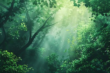 serene misty forest with sunbeams filtering through lush green foliage concept illustration - obrazy, fototapety, plakaty