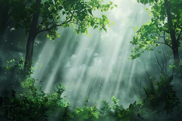 serene misty forest with sunbeams filtering through lush green foliage concept illustration