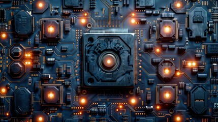Futuristic Circuitry background with Orange Neon Glowing Pattern.