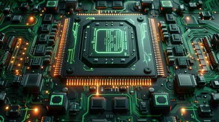 Fototapeta premium Futuristic Circuitry background with Green Neon Glowing Pattern.