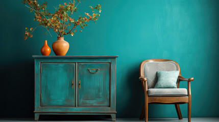Old antique chair near turquoise wood retro cabinet with decorative vases. Vintage classic home interior design of living room Generative AI