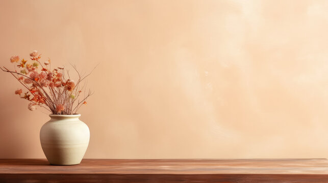 Wooden table with vase with bouquet of dried flowers near empty, blank terra cotta wall. Home interior background with copy space Generative AI