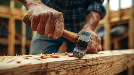 A craftsman's hands chiseling wood with a hammer in a workshop. Created with Generative AI.