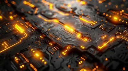 Obraz premium Futuristic Circuitry background with golden yellow Neon Glowing Pattern.