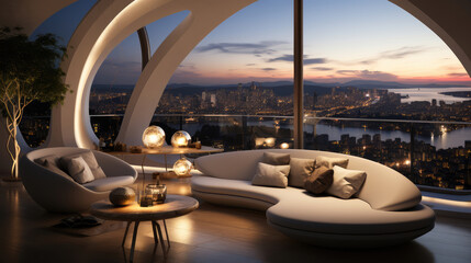Fototapeta premium Round sofa in penthouse with city view. Interior design of moder Generative AI