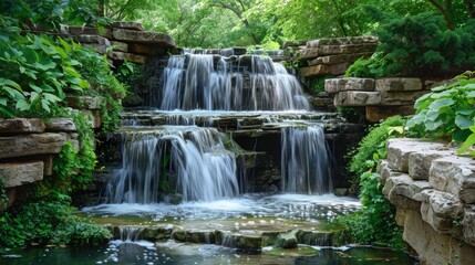 Tranquil cascading waterfall surrounded by lush green foliage and rustic stone architecture. Created with Generative AI.