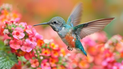 A hummingbird hovers mid-flight among vibrant pink flowers, wings outstretched with a soft-focus background. Created with Generative AI.