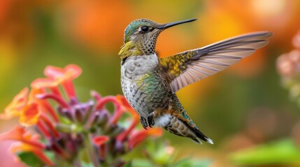 Hummingbird in flight, hovering over vibrant flowers with blurred autumnal background. Created with Generative AI.