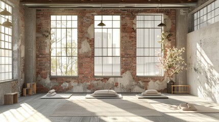 Zen-like yoga studio with a clean, minimalist design, old brick walls, and calming, diffused daylight