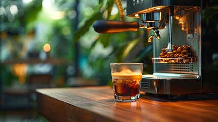 A freshly brewed espresso shot amidst a warm, plant-filled cafe ambiance. Created with Generative AI.