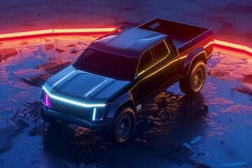 sleek electric luxury pickup truck with neon headlights futuristic automotive design 3d vehicle rendering 20 - obrazy, fototapety, plakaty