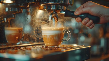 Hand preparing a fresh latte with a steamy espresso machine in a cozy cafe setting. Created with Generative AI.