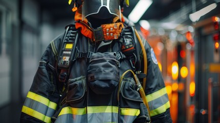 A firefighter in full gear with reflective stripes stands alert against a backdrop of orange lights. Created with Generative AI.