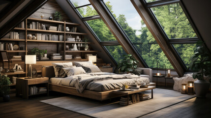 Loft style interior design of modern bedroom in attic. Created w Generative AI