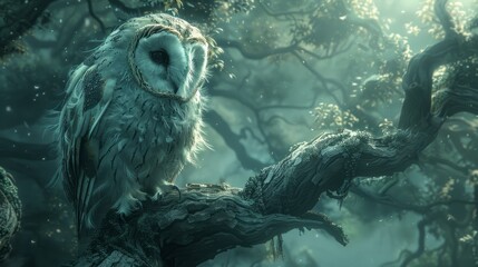A majestic owl perches on a gnarled branch in a misty, enchanted forest ambiance. Created with Generative AI. - obrazy, fototapety, plakaty