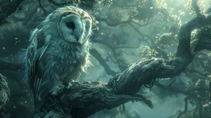 Fototapeten A majestic owl perches on a gnarled branch in a misty, enchanted forest ambiance. Created with Generative AI. © RealizeXL