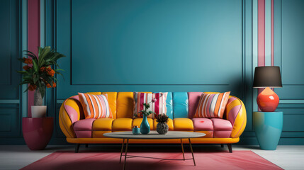 Colorful stripes panel on the stucco wall and pink sofa. Memphis postmodern style interior design of modern living room. Generative AI
